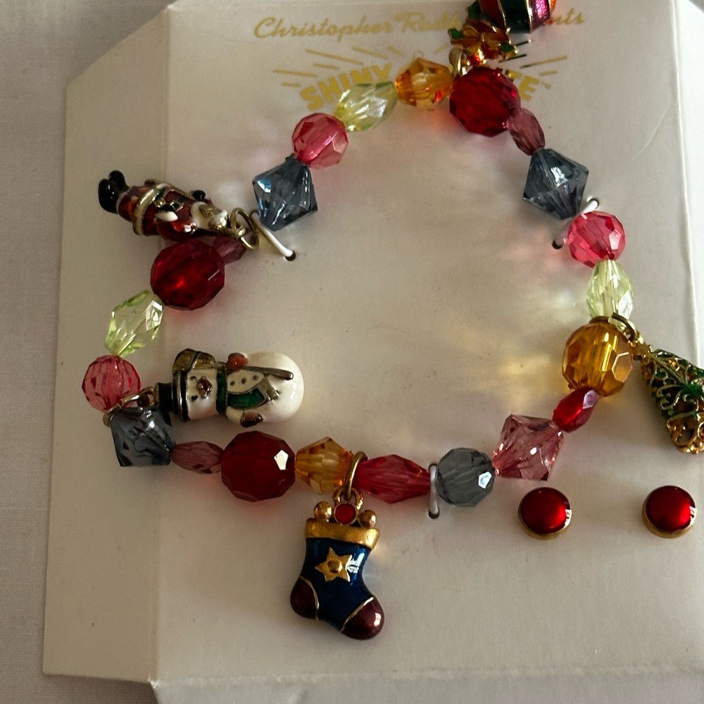 CHRISTOPHER RADKO CHRISTMAS CHARM BRACELET WITH EARRINGS COLORFUL BEADS